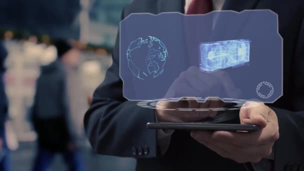 Businessman uses hologram GPU card — Stock Video