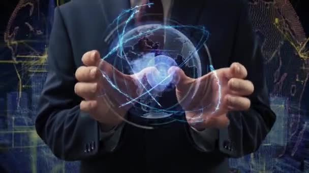 Male hands activate hologram HDD disk — Stock Video