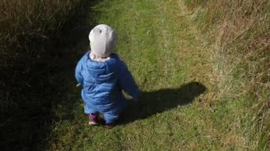 Parlak mavi elbiseli bebek otlak patika boyunca yürür, dikiz aynasından. Küçük çocuk neşe, masumiyet ve açık hava keşfi ruhunu somutlaştırıyor.