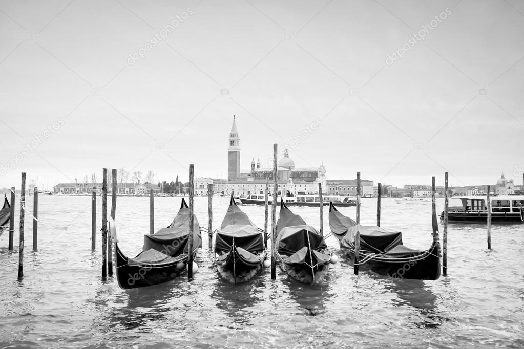 Gondolas with view of San Giorgio Maggiore bw