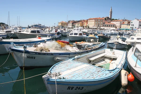 Duża grupa łodzi w Rovinj — Zdjęcie stockowe