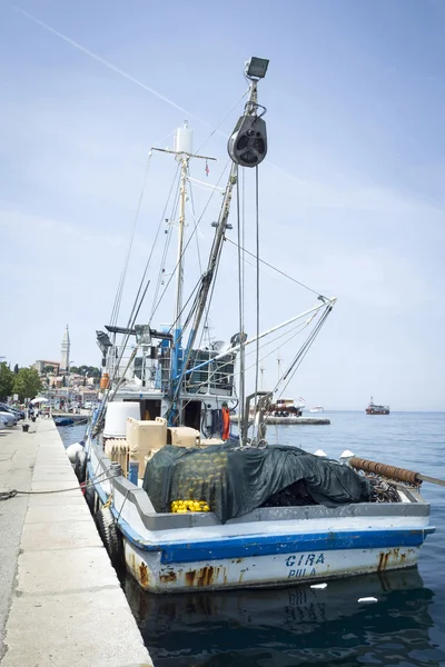 Fisher boat moored at dock in Rovinj — Stock Photo, Image