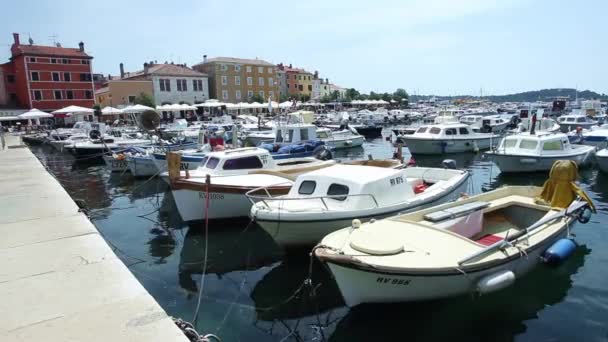 Boten afgemeerd in Rovinj — Stockvideo