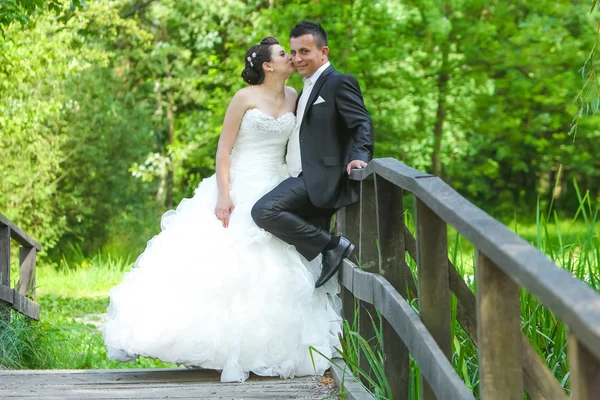 Bride and groom on wooden bridge — Stock Photo, Image