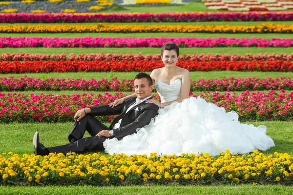 Bride and groom posing on lawn with flowers — Stock Photo, Image