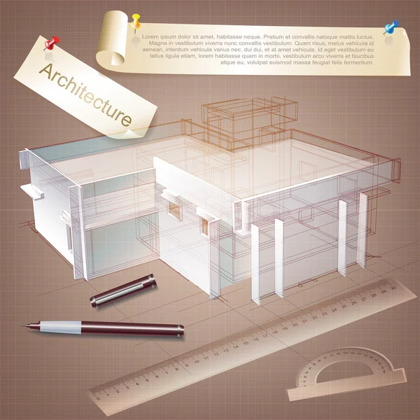 Sfondo architettonico con un modello di edificio 3D . — Vettoriale Stock