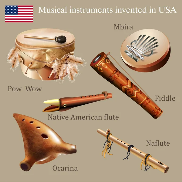 Conjunto de instrumentos musicais inventados nos EUA — Vetor de Stock