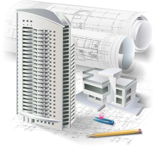 Architektonischer Hintergrund mit einem 3D-Baumodell — Stockvektor