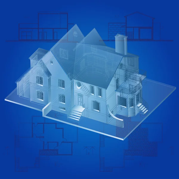 Sfondo architettonico con un modello di edificio 3D . — Vettoriale Stock