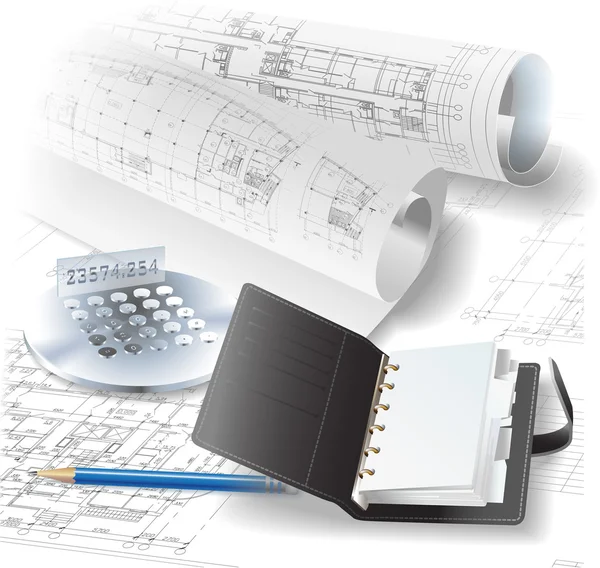 Sfondo architettonico con rotoli di disegni e strumenti da disegno — Vettoriale Stock