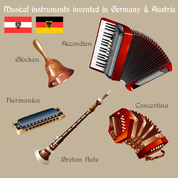 Zestaw instrumentów muzycznych, wynaleziony w Niemczech idealna Austria — Wektor stockowy