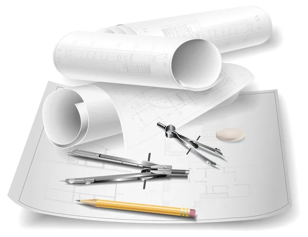 Αρχιτεκτονικά φόντο με σχέδιο εργαλεία και ρολά των σχεδίων Εικονογράφηση Αρχείου
