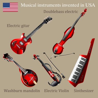 Set of musical instruments invented in USA. clipart