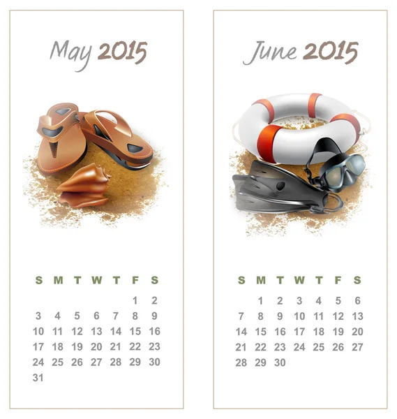 Цветной календарь на май-июнь 2015 — стоковый вектор
