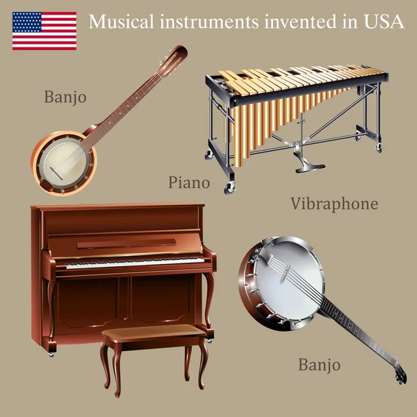 Set of musical instruments invented in USA — Stock Vector