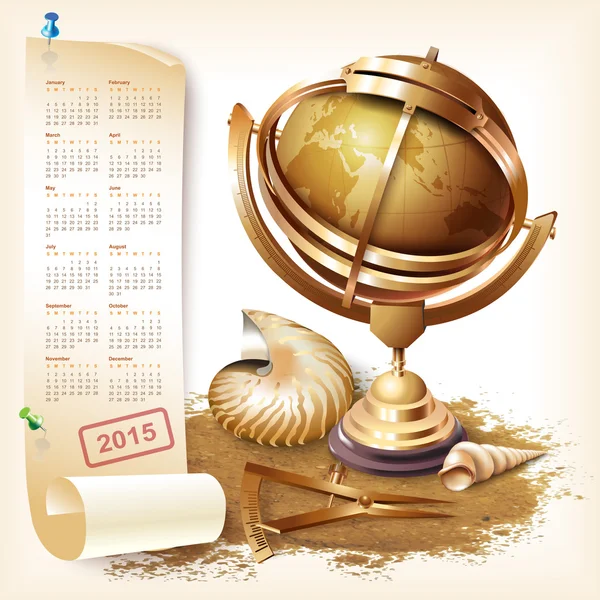 Calendar for 2015 with navigational and geographical tools — Stock Vector
