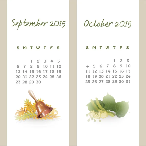 Colorful calendar for September-October 2015 — Stock Vector