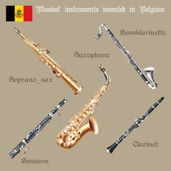 Set of musical instruments invented in Belgium — Stock Vector