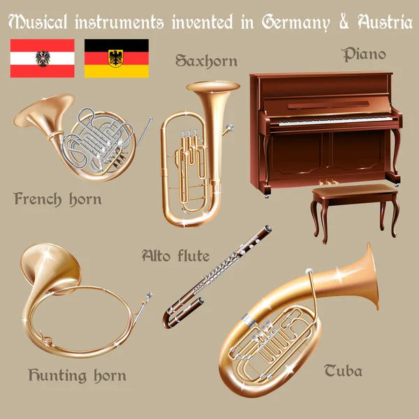 Conjunto de instrumentos musicales inventados en Alemania y Austria — Archivo Imágenes Vectoriales