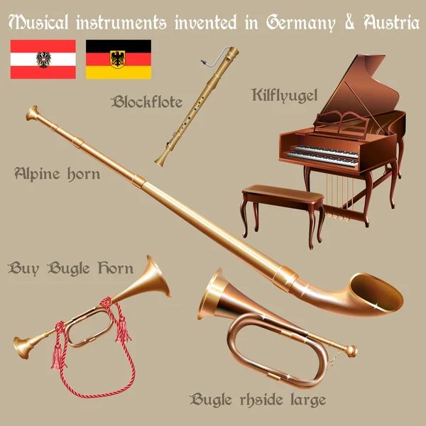 Set of musical instruments invented in Germany & Austria — Stock Vector