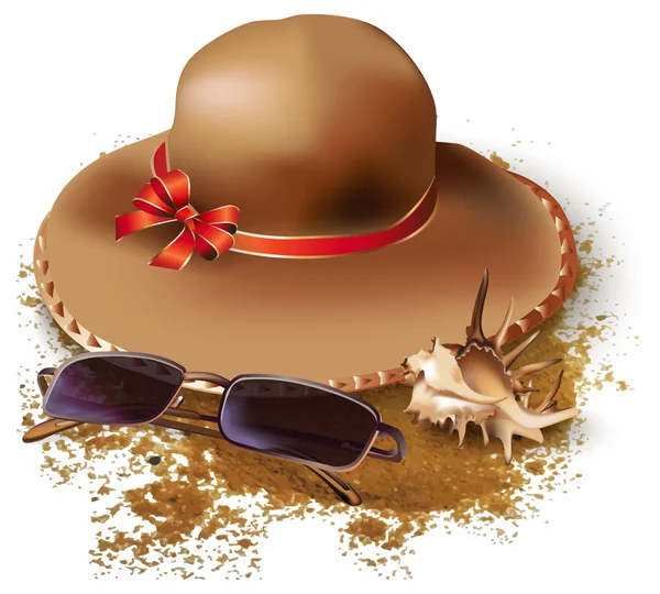 Set of sunglasses, a hat and a seashell — Stock Vector