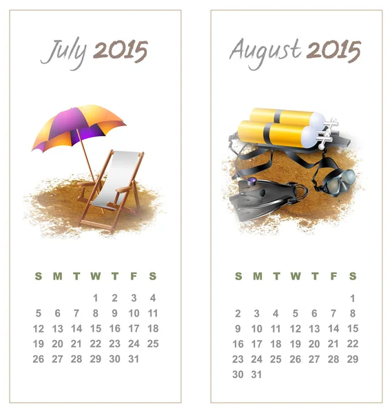 Calendário colorido para julho-agosto de 2015 — Vetor de Stock