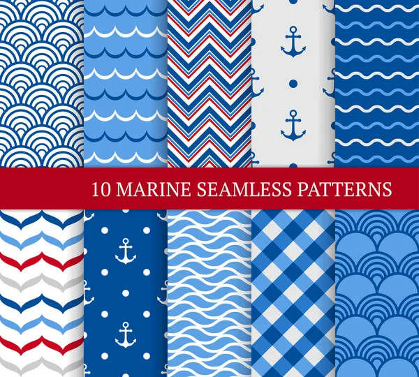 10 海洋さまざまなシームレス パターン. — ストックベクタ