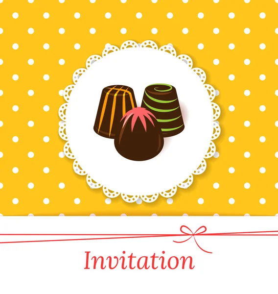 Tarjeta de invitación de vector festivo con caramelos de chocolate . — Archivo Imágenes Vectoriales