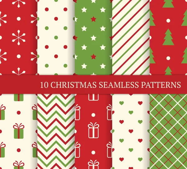 10 Christmas different seamless patterns. — Stock Vector
