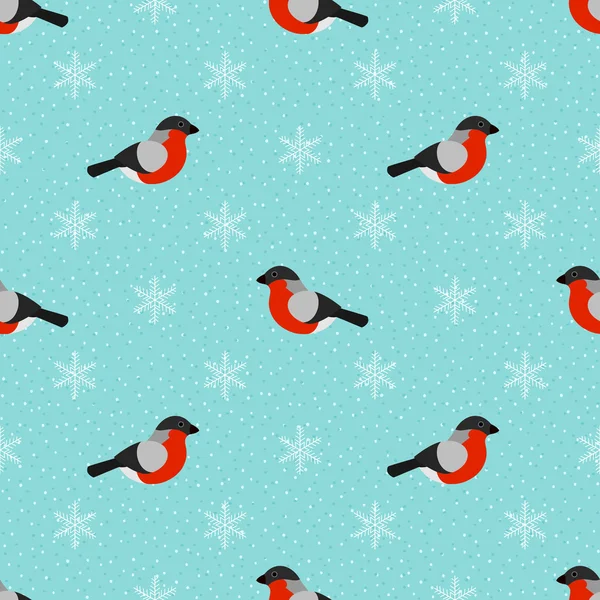 冬季无缝背景与红腹灰雀和雪花 — 图库矢量图片