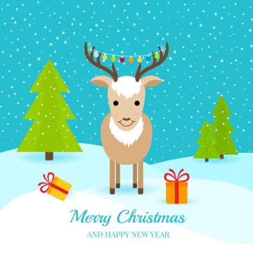 Hediyeler ve boynuzları üzerinde garland ile sevimli geyik