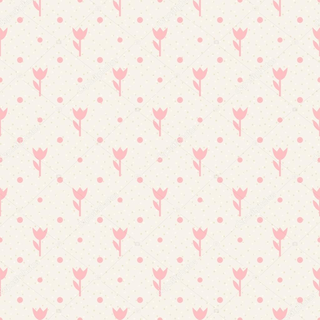 Retro seamless pattern. Pink flowers and dots on beige backgroun