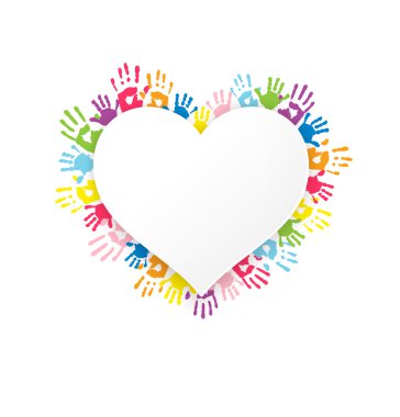 Çok renkli handprin ile arka plan üzerinde beyaz kalp şekli etiket