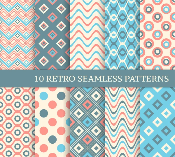 10 different retro seamless patterns. Set of stylish color backg — Stock Vector