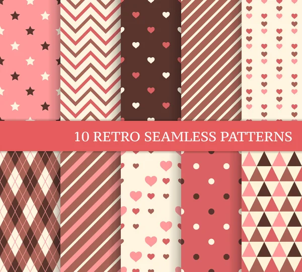 Ten different seamless patterns with hearts and stripes. — Stock Vector