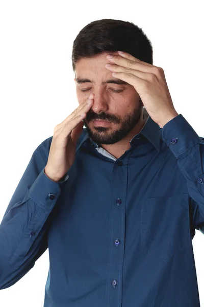 Sinus smärta, sinus tryck, bihåleinflammation. Sad man hålla näsan — Stockfoto