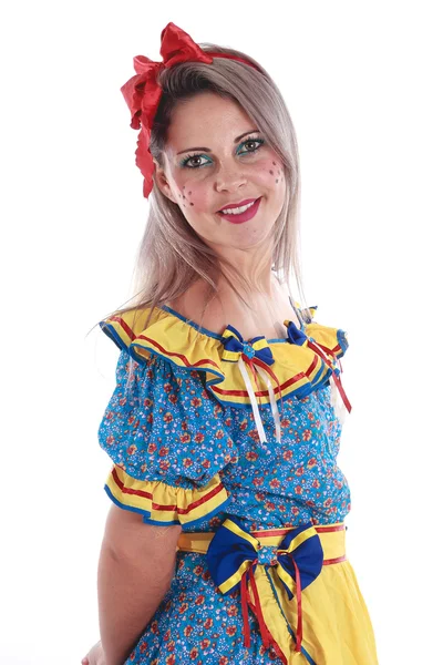 Festa Junina için tipik kıyafetler giyen Brezilyalı kadın. — Stok fotoğraf
