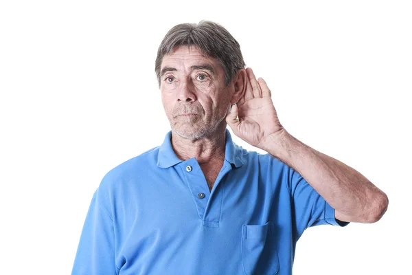 Portret van oude man hand plaatsen op het oor, verlies van het gehoor — Stockfoto