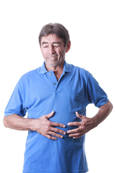 Senior man suffers from stomachache