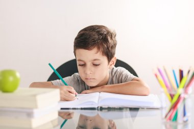 Samimi bir çocuk onun ödev yapmak ve evde eğitim portresi