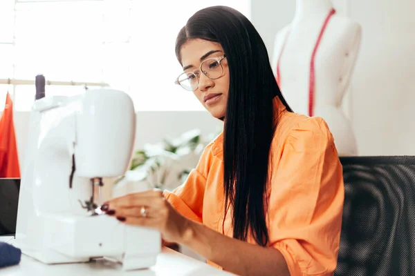 Brazilian Woman Working Her Sewing Studio Entrepreneurial Latin Woman Stock Picture