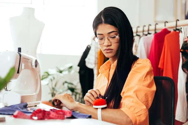 Brazilian Woman Working Her Sewing Studio Entrepreneurial Latin Woman Royalty Free Stock Photos