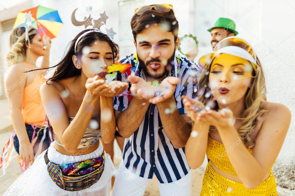 Brazilian Carnival. Group of Brazilian people celebrating the carnival party in the city