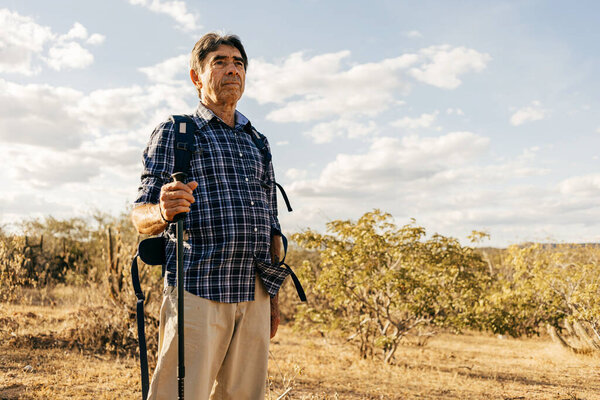 Elderly Man Doing Outdoor Activity Hiker Semiarid Region Brazil Royalty Free Stock Images
