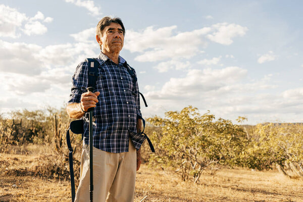 Elderly Man Doing Outdoor Activity Hiker Semiarid Region Brazil Royalty Free Stock Photos
