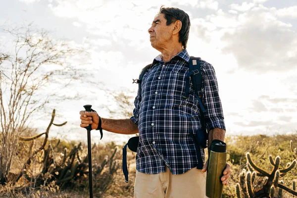 Älterer Mann Bei Aktivitäten Freien Wanderer Halbtrockener Region Brasiliens Stockfoto