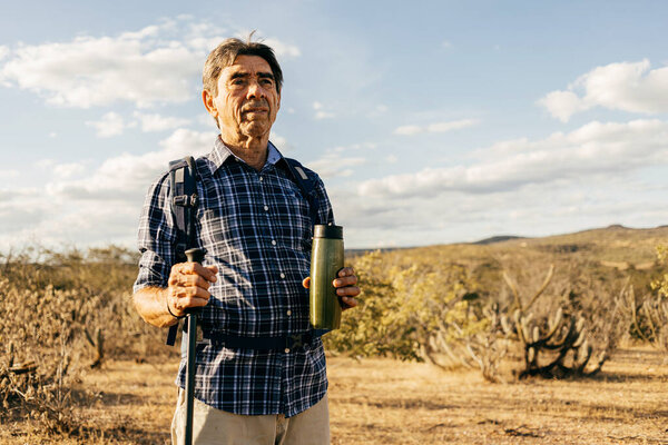 Elderly Man Doing Outdoor Activity Hiker Semiarid Region Brazil Royalty Free Stock Photos