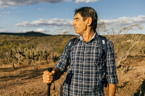 Elderly Man Doing Outdoor Activity Hiker Semiarid Region Brazil Royalty Free Stock Photos