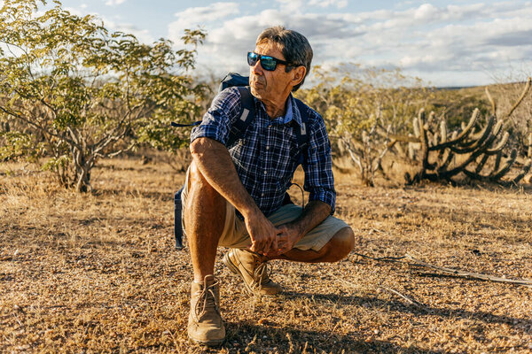 Elderly Man Doing Outdoor Activity Hiker Semiarid Region Brazil Stock Image