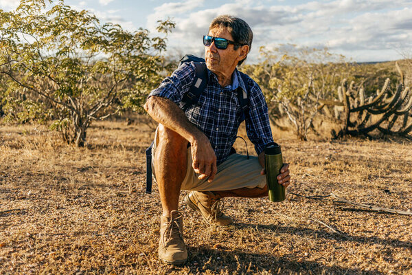 Elderly Man Doing Outdoor Activity Hiker Semiarid Region Brazil Royalty Free Stock Photos
